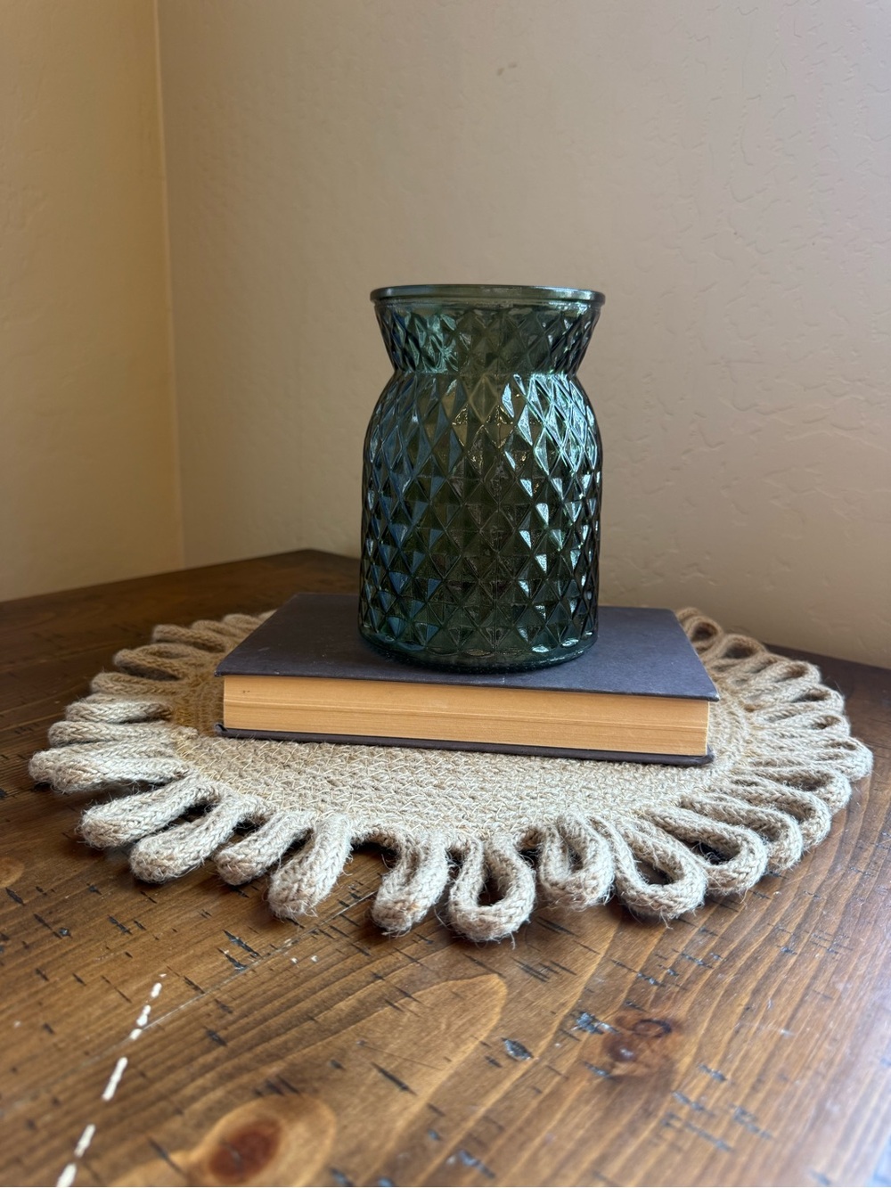 Vintage Smoke Green Diamond Cut Glass Vase Pressed Glass Quilted Pattern 60s